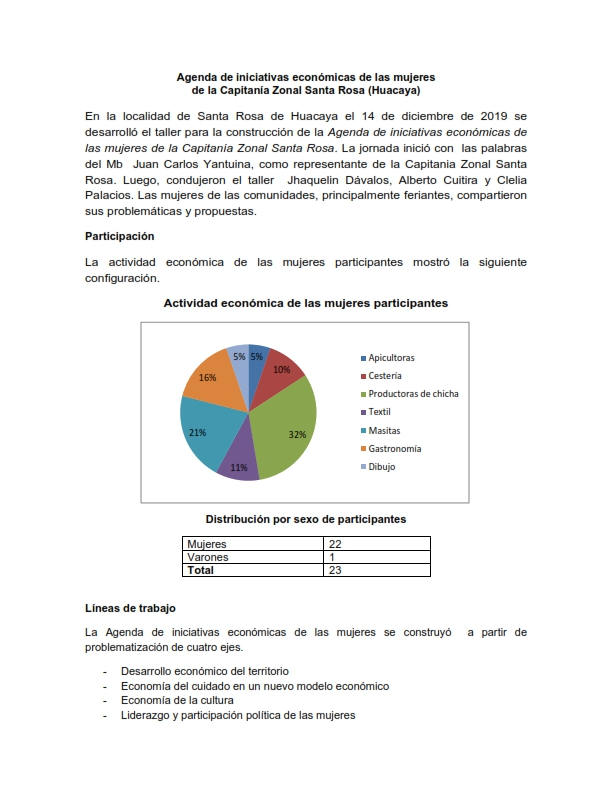 Agenda de iniciativas económicas de las mujeres  de la Capitanía Zonal Santa Rosa (Huacaya)